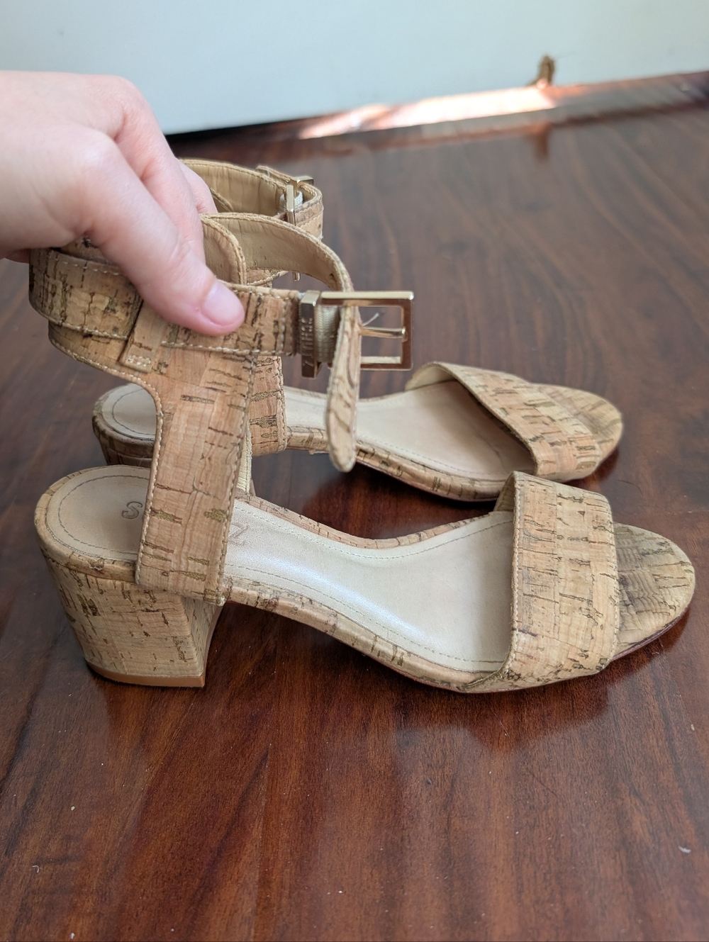 SCHUTZ Block Heel Cork Sandals with Ankle Straps and Leather Soles